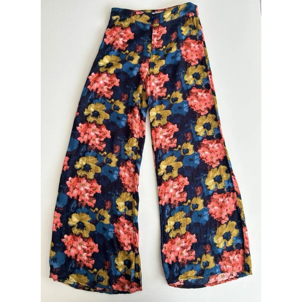 Abercrombie & Fitch Floral Wide Leg Flowy Colorful Pants Black Flat Front Size 2 - Picture 2 of 14